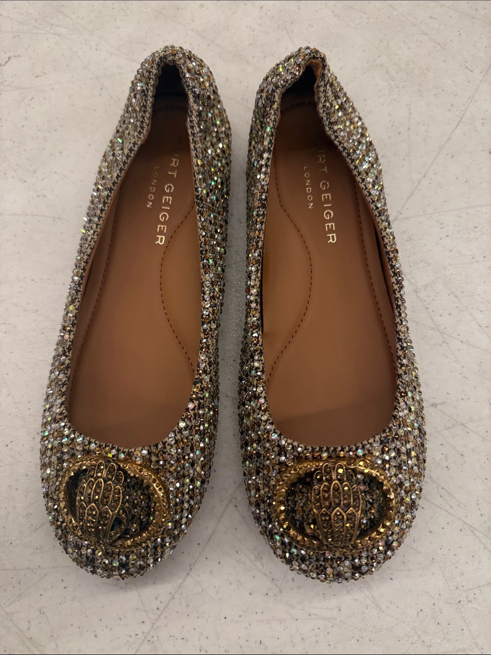 Kurt Geiger Gold Glitter Ballet Flats with Decorative Medallions